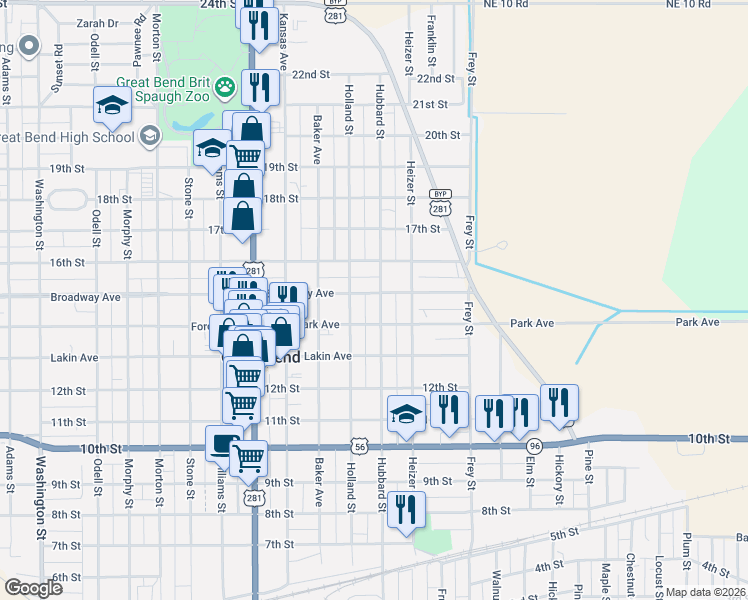 map of restaurants, bars, coffee shops, grocery stores, and more near 1521 Hubbard Street in Great Bend