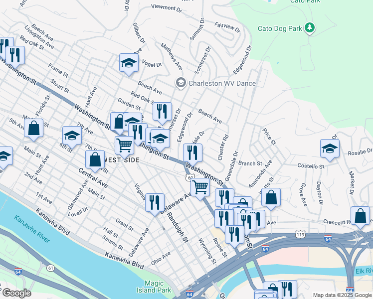 map of restaurants, bars, coffee shops, grocery stores, and more near 818 Edgewood Drive in Charleston