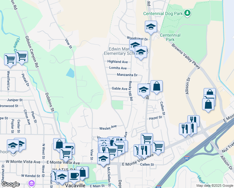 map of restaurants, bars, coffee shops, grocery stores, and more near 160 Meadows Drive in Vacaville