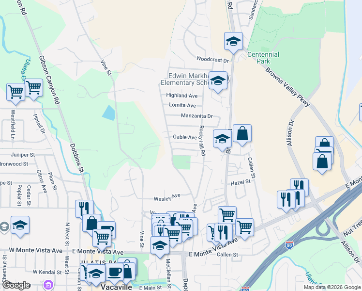 map of restaurants, bars, coffee shops, grocery stores, and more near 160 Meadows Drive in Vacaville