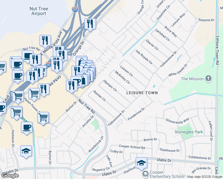 map of restaurants, bars, coffee shops, grocery stores, and more near 132 McKinley Circle in Vacaville