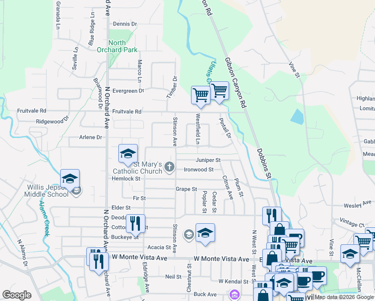 map of restaurants, bars, coffee shops, grocery stores, and more near 406 Longwood Place in Vacaville