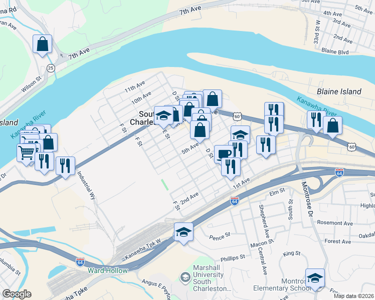 map of restaurants, bars, coffee shops, grocery stores, and more near 505 D Street in South Charleston