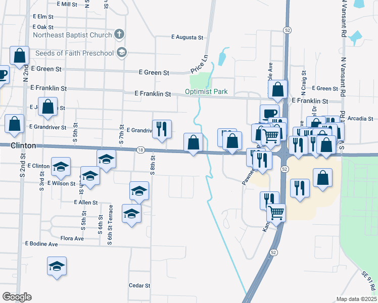 map of restaurants, bars, coffee shops, grocery stores, and more near 903 East Ohio Street in Clinton