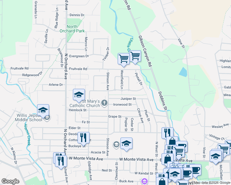 map of restaurants, bars, coffee shops, grocery stores, and more near 406 Longwood Place in Vacaville