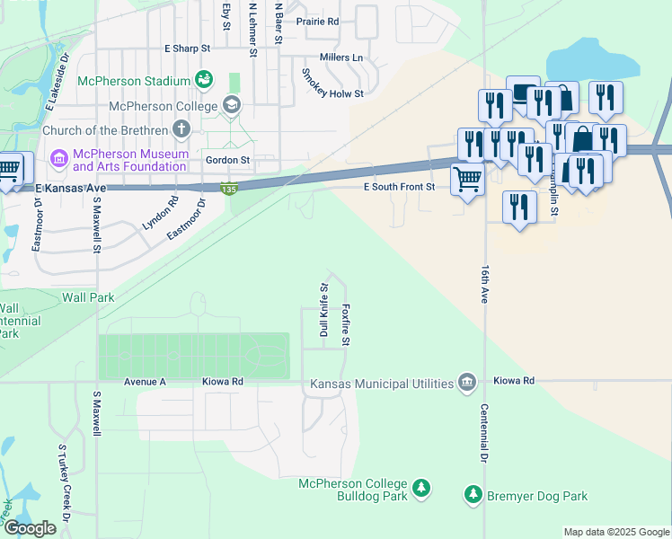 map of restaurants, bars, coffee shops, grocery stores, and more near 521 Foxfire Street in McPherson