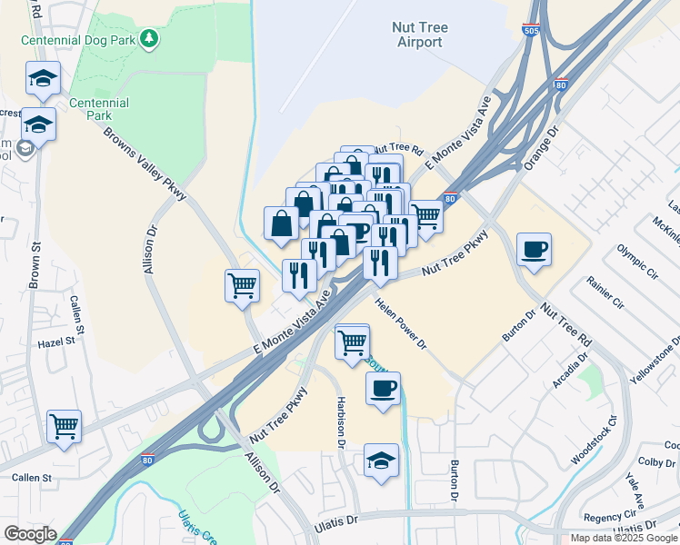 map of restaurants, bars, coffee shops, grocery stores, and more near 1610 East Monte Vista Avenue in Vacaville