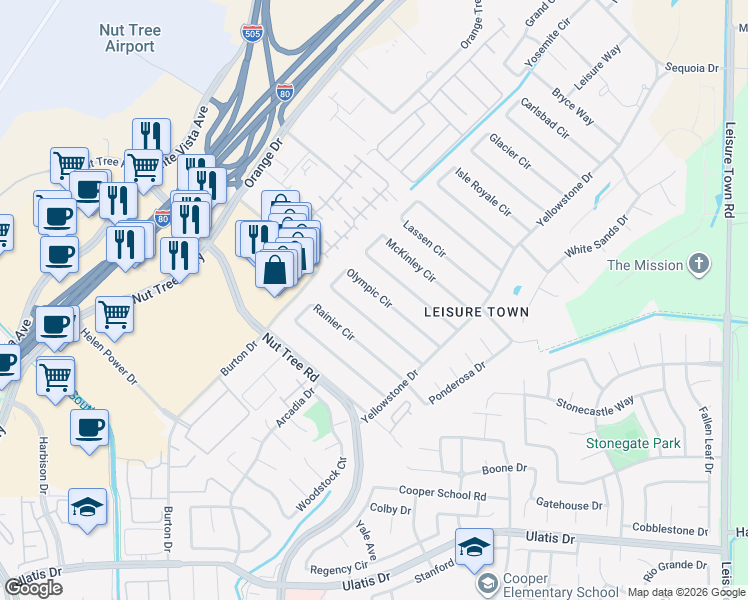 map of restaurants, bars, coffee shops, grocery stores, and more near 132 McKinley Circle in Vacaville