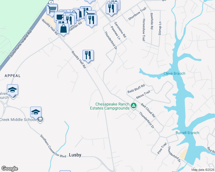 map of restaurants, bars, coffee shops, grocery stores, and more near 246 Thunderbird Drive in Lusby