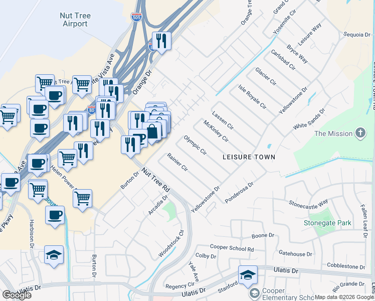 map of restaurants, bars, coffee shops, grocery stores, and more near 137 Olympic Circle in Vacaville
