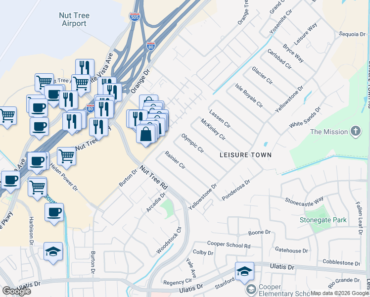 map of restaurants, bars, coffee shops, grocery stores, and more near 137 Olympic Circle in Vacaville