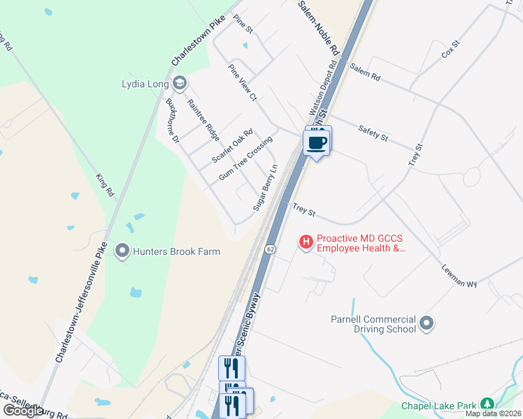 map of restaurants, bars, coffee shops, grocery stores, and more near 5718 Sugar Berry Lane in Jeffersonville