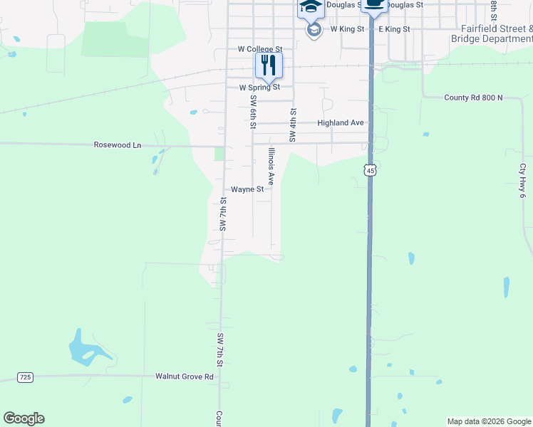 map of restaurants, bars, coffee shops, grocery stores, and more near Southwest 6th Street in Fairfield