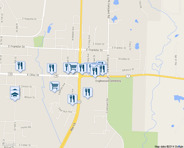 map of restaurants, bars, coffee shops, grocery stores, and more near 1698 Highland Drive in Clinton