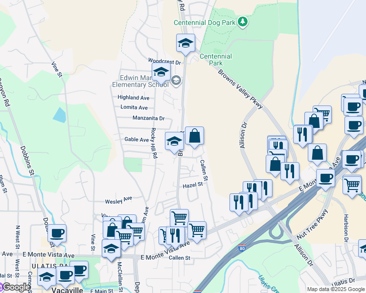 map of restaurants, bars, coffee shops, grocery stores, and more near 231 Bennett Hill Court in Vacaville
