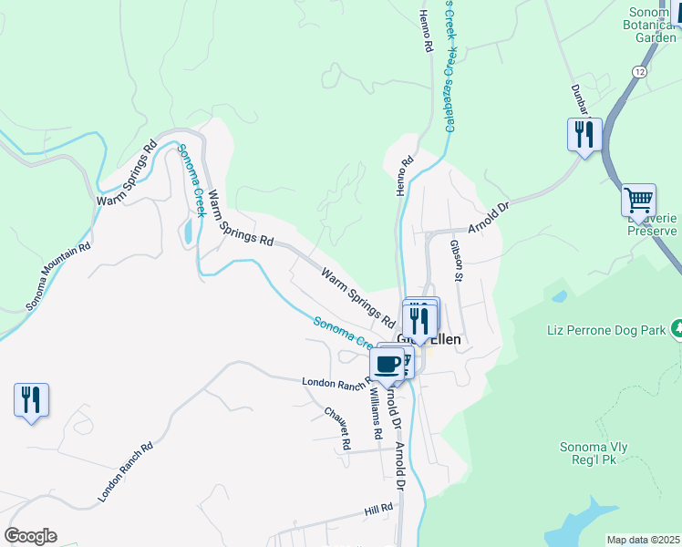 map of restaurants, bars, coffee shops, grocery stores, and more near 5083 Warm Springs Road in Glen Ellen