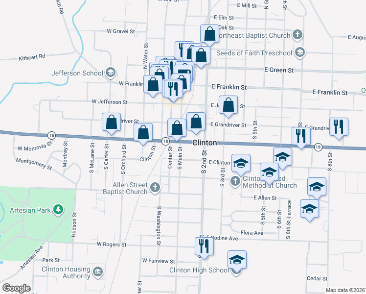 map of restaurants, bars, coffee shops, grocery stores, and more near 101 East Ohio Street in Clinton