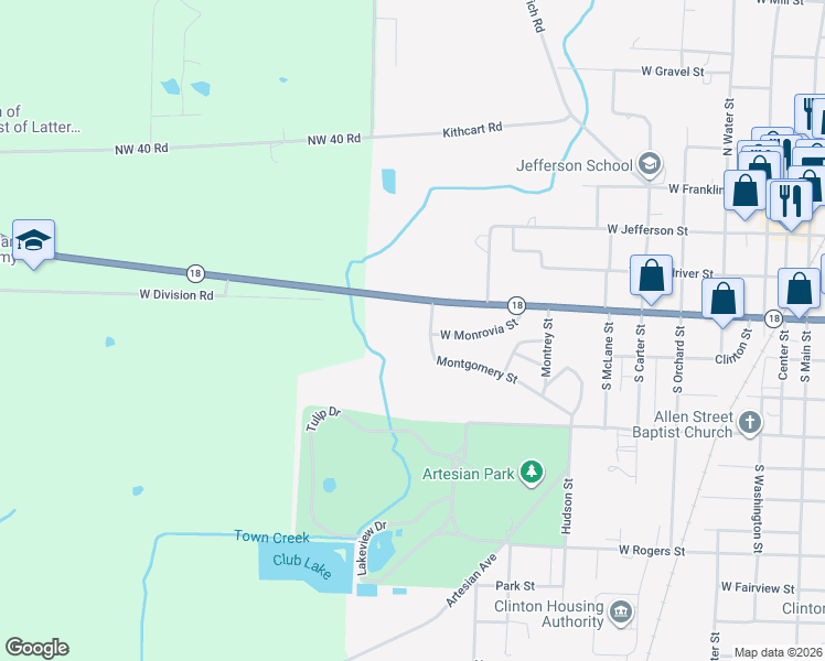 map of restaurants, bars, coffee shops, grocery stores, and more near 907 West Monrovia Street in Clinton