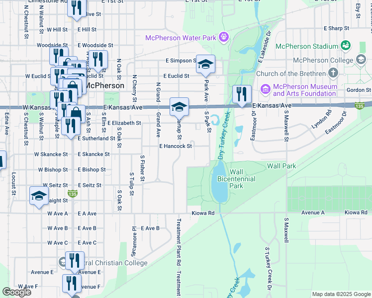 map of restaurants, bars, coffee shops, grocery stores, and more near 229-299 South Hartup Street in McPherson