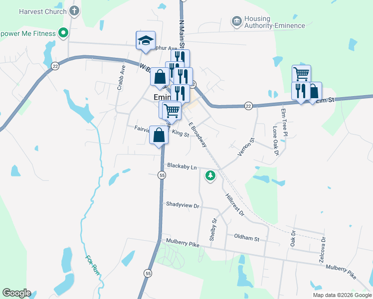 map of restaurants, bars, coffee shops, grocery stores, and more near 175 King Street in Eminence