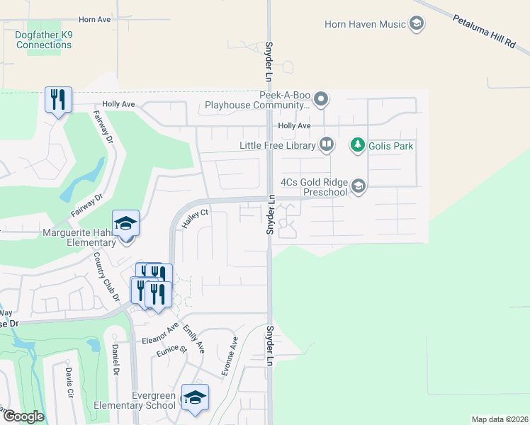 map of restaurants, bars, coffee shops, grocery stores, and more near 4581 Harbor Lane in Rohnert Park