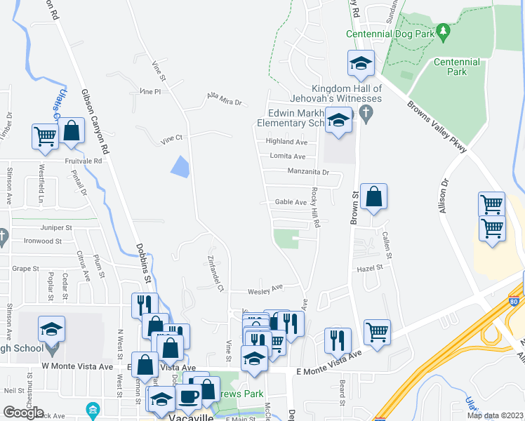 map of restaurants, bars, coffee shops, grocery stores, and more near 460 Markham Avenue in Vacaville