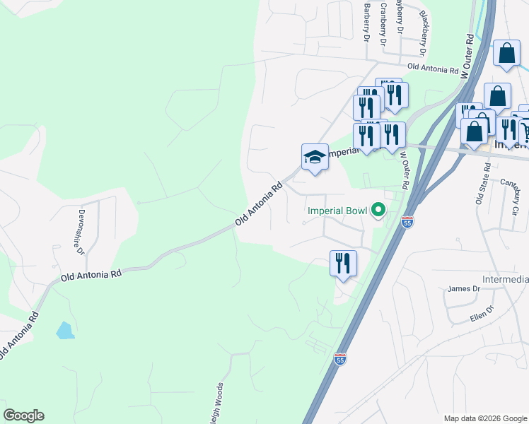 map of restaurants, bars, coffee shops, grocery stores, and more near 1707 Stonywold Road in Imperial