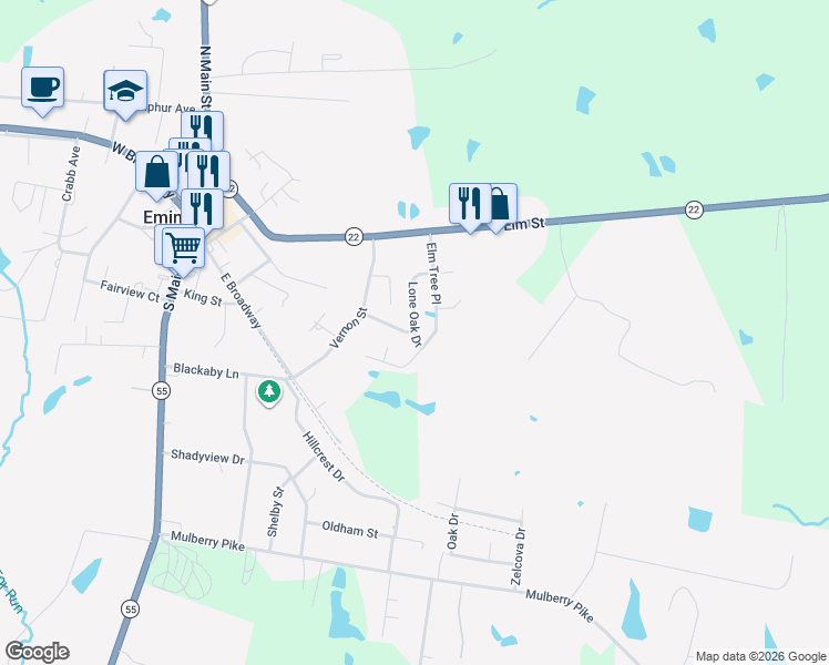 map of restaurants, bars, coffee shops, grocery stores, and more near 83 Darlene Street in Eminence