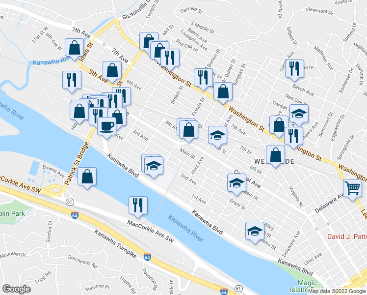 map of restaurants, bars, coffee shops, grocery stores, and more near 1126 Main Street in Charleston