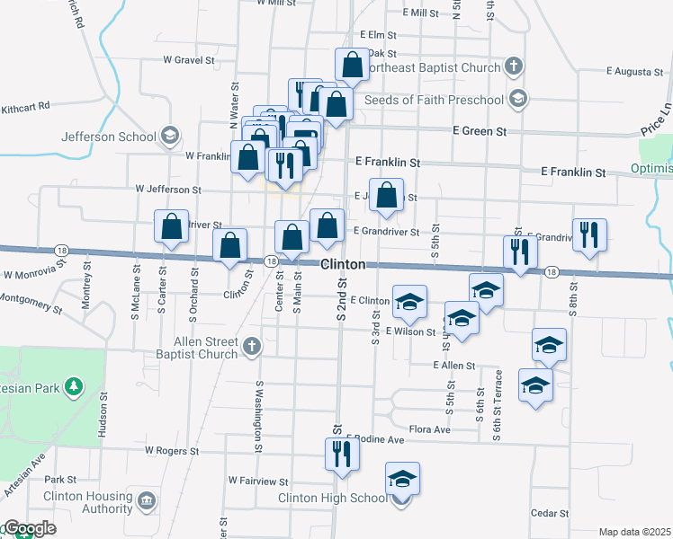 map of restaurants, bars, coffee shops, grocery stores, and more near in Clinton