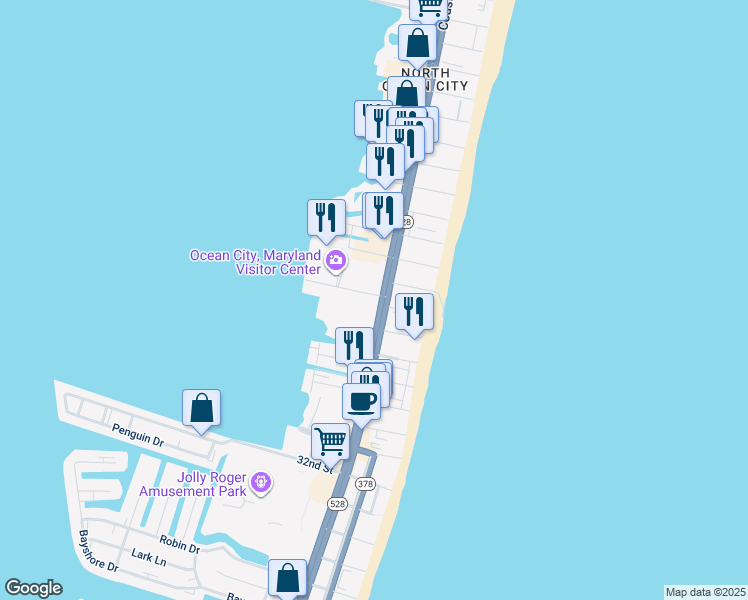 map of restaurants, bars, coffee shops, grocery stores, and more near 107 Convention Center Drive in Ocean City