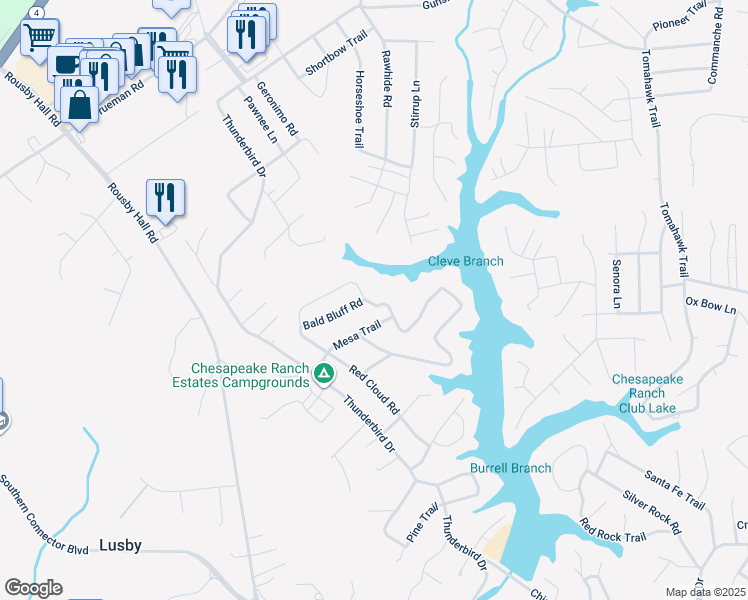 map of restaurants, bars, coffee shops, grocery stores, and more near 259 Red Cloud Road in Lusby