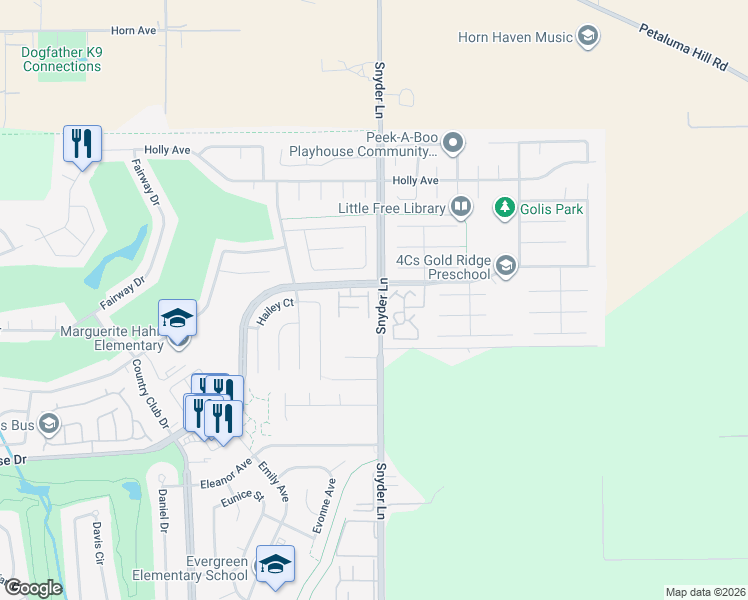 map of restaurants, bars, coffee shops, grocery stores, and more near 4603 Harbor Lane in Rohnert Park