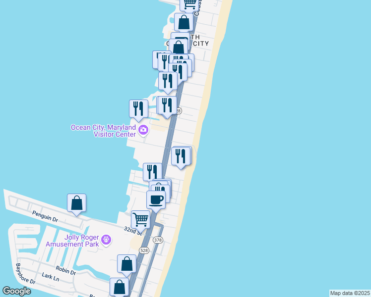 map of restaurants, bars, coffee shops, grocery stores, and more near 209 40th Street in Ocean City