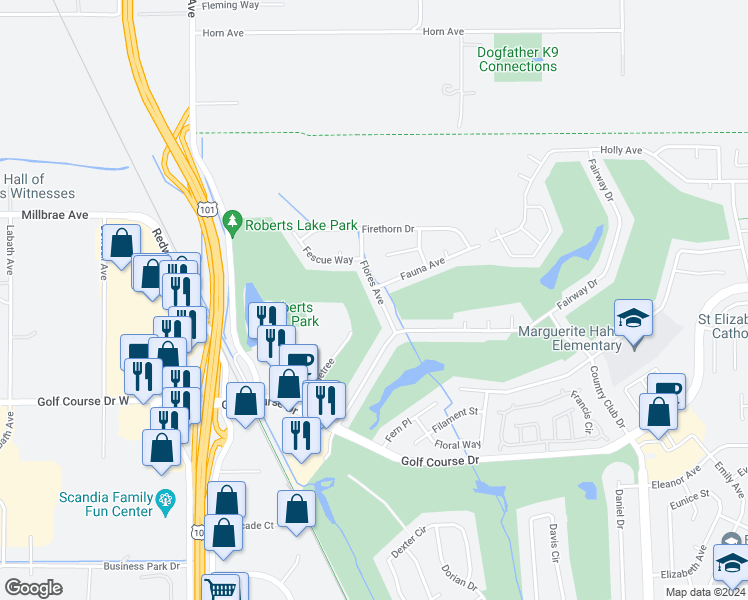 map of restaurants, bars, coffee shops, grocery stores, and more near 4615 Flores Avenue in Rohnert Park