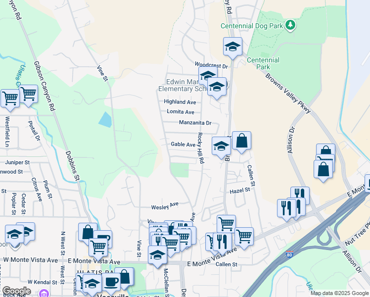 map of restaurants, bars, coffee shops, grocery stores, and more near 131 Gable Avenue in Vacaville