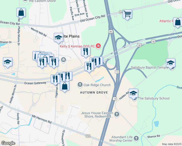map of restaurants, bars, coffee shops, grocery stores, and more near 1801 Autumn Grove Court in Salisbury