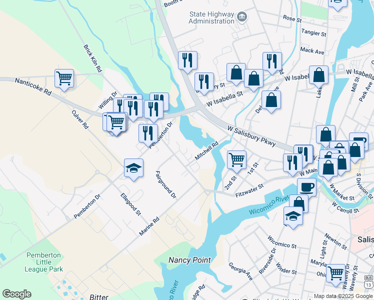 map of restaurants, bars, coffee shops, grocery stores, and more near 1117 Parsons Road in Salisbury