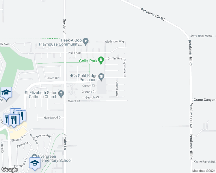 map of restaurants, bars, coffee shops, grocery stores, and more near 1507 Gary Court in Rohnert Park