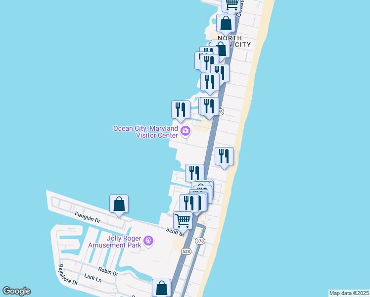 map of restaurants, bars, coffee shops, grocery stores, and more near 4001 Coastal Highway in Ocean City