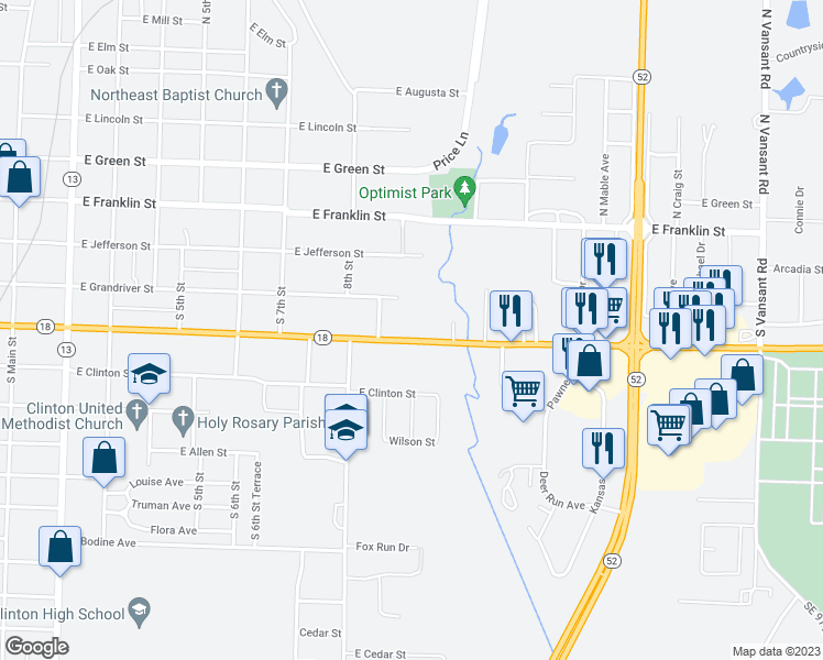 map of restaurants, bars, coffee shops, grocery stores, and more near 903 East Ohio Street in Clinton