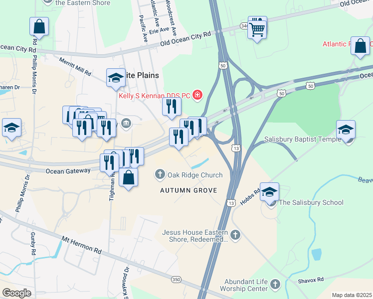 map of restaurants, bars, coffee shops, grocery stores, and more near 1801 Autumn Grove Court in Salisbury