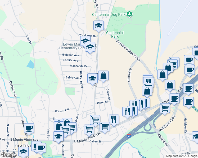 map of restaurants, bars, coffee shops, grocery stores, and more near 231 Bennett Hill Court in Vacaville