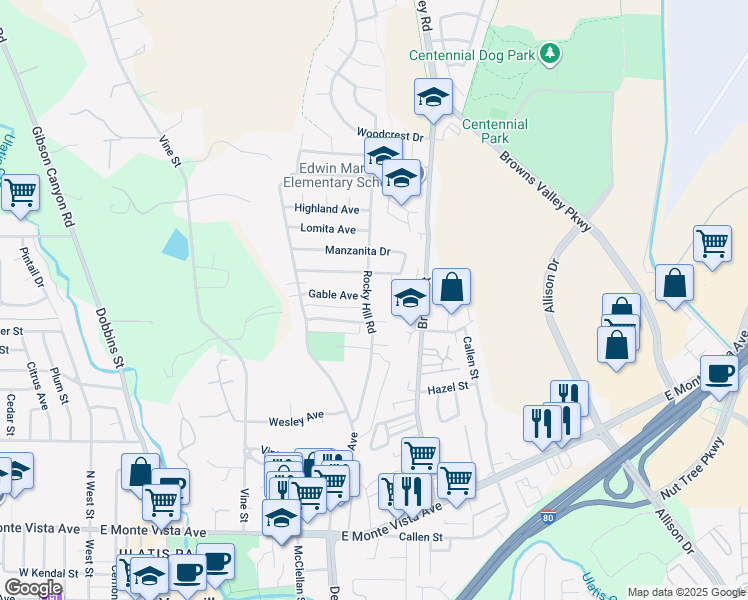map of restaurants, bars, coffee shops, grocery stores, and more near 421 Rocky Hill Road in Vacaville