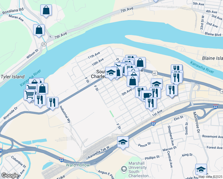 map of restaurants, bars, coffee shops, grocery stores, and more near 144 7th Avenue in South Charleston