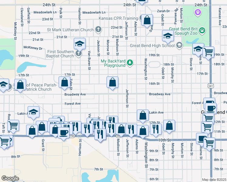 map of restaurants, bars, coffee shops, grocery stores, and more near 1700 Monroe St in Great Bend