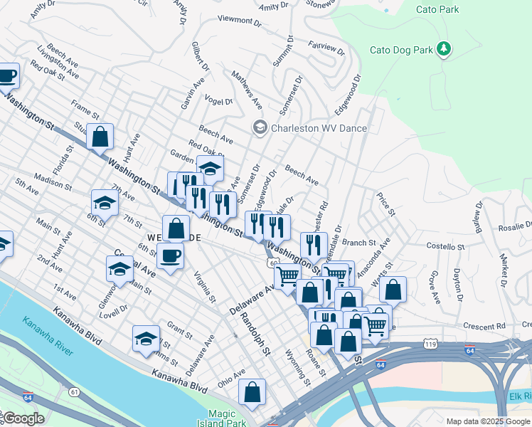 map of restaurants, bars, coffee shops, grocery stores, and more near 818 Edgewood Drive in Charleston