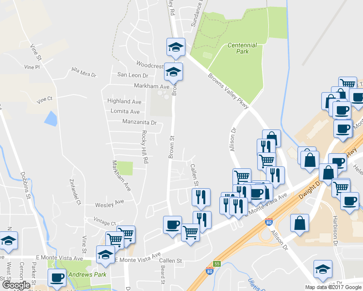 map of restaurants, bars, coffee shops, grocery stores, and more near 231 Bennett Hill Court in Vacaville