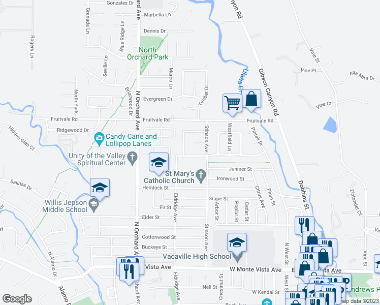 map of restaurants, bars, coffee shops, grocery stores, and more near 543 Eldridge Avenue in Vacaville