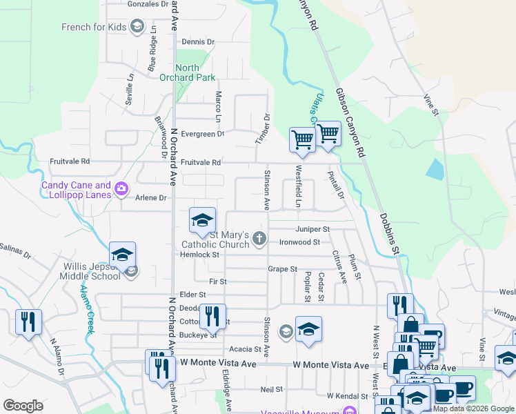map of restaurants, bars, coffee shops, grocery stores, and more near 579 Eldridge Ave in Vacaville